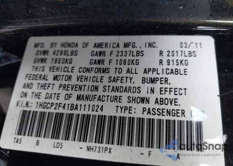 2011 Honda Accord 2.4 Lx-P from USA, damaged, VIN 1HGCP2F41BA111024